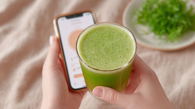 Hand holding green smoothie near smartphone with health app - Powered by Adobe