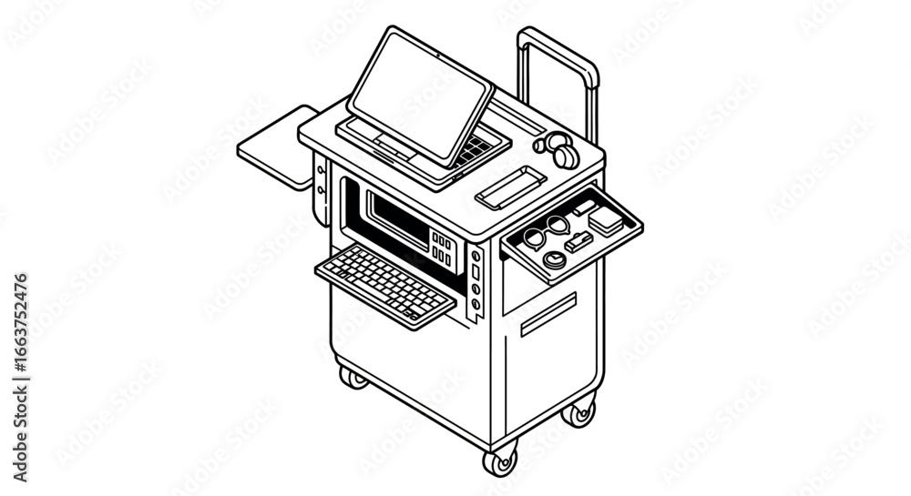 Poster isometric mobile workstation with computer and control panel on wheels