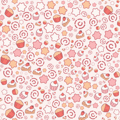 Chibi Dessert Seamless Pattern – Cute Cakes, Muffins, and Cupcakes in Pastel Pink Vector Style