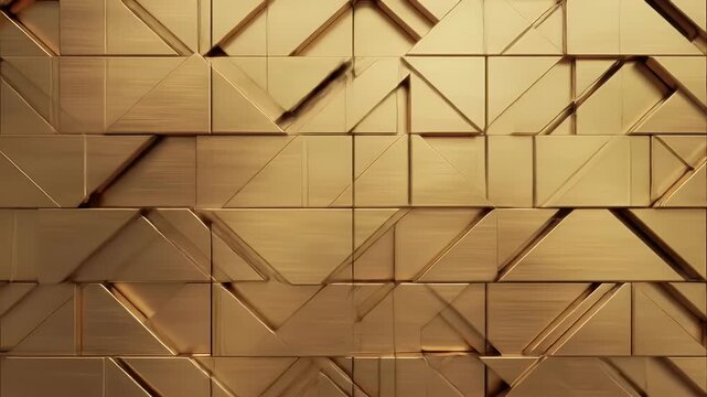 Abstract futuristic background with a dynamic 3D geometric pattern of interlocking golden or brass triangles creating a textured metallic surface