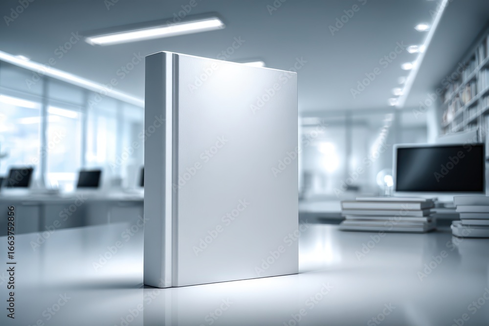 Poster an elegant and clean white book stands vertically on a desk, creating a sense of knowledge and profe