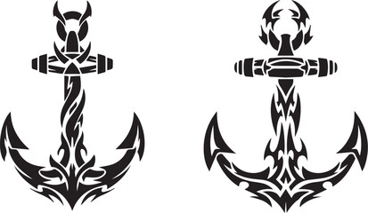 Minimalist black and white tribal anchor icons – bold symmetrical silhouettes with flame crests, horned faces, and tattoo-style linework. © Haider