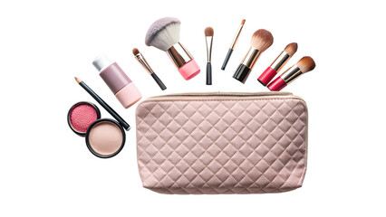 Makeup bag with assorted beauty products and brushes isolated on transparent background for creating a beautiful look