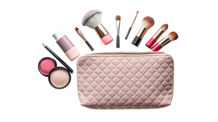 Makeup bag with assorted beauty products and brushes isolated on transparent background for creating a beautiful look