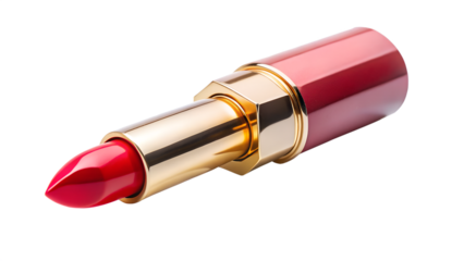 Red lipstick in a golden tube isolated on transparent background for a beauty and fashion concept around 110 characters