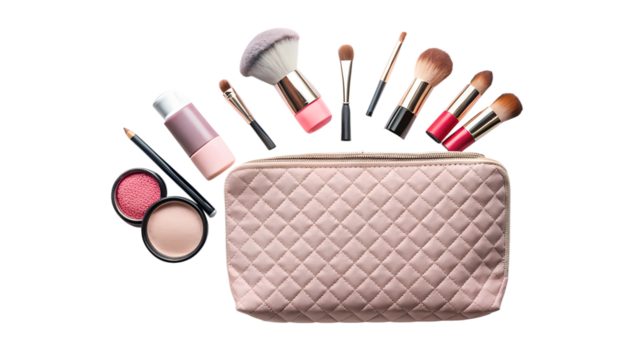 Makeup bag with assorted beauty products and brushes isolated on transparent background for creating a beautiful look