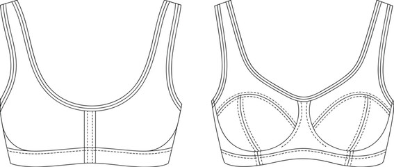 Technical flat sketch of women's bras, front and back view, fashion design template, lingerie illustration for garment production, apparel CAD