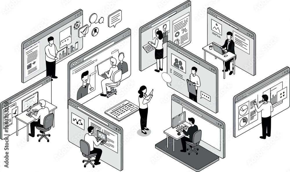 Poster isometric online collaboration in office environment with interactive digital interfaces