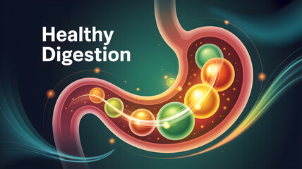 Healthy Digestion Concept: Human Stomach Anatomy with Nutrients and Abstract Energy Flow for Gastrointestinal Wellness