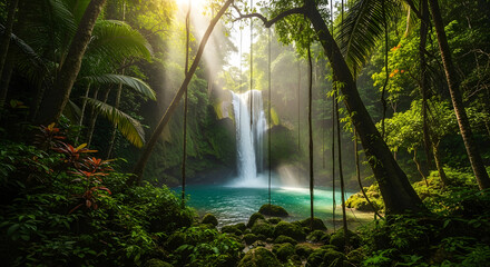 Obraz premium Hidden tropical waterfall in lush jungle, sunlight rays passing through trees, cinematic travel photo, 8k ultra realistic, without people