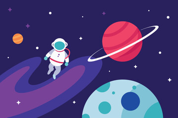 Fototapeta premium Illustration of an astronaut in space near planets, symbolizing human exploration and the boundless possibilities of space travel and discovery