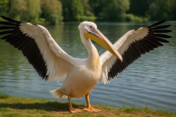 Fototapeta premium Majestic great white pelican spreading its impressive black tipped wings on a lake shore, showcasing its beauty and power