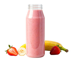Strawberry, banana, and yogurt smoothie in a bottle , isolated on transparent background, png
