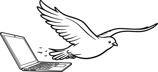 Naklejka premium Bird in flight emerges from laptop: symbol of digital freedom
