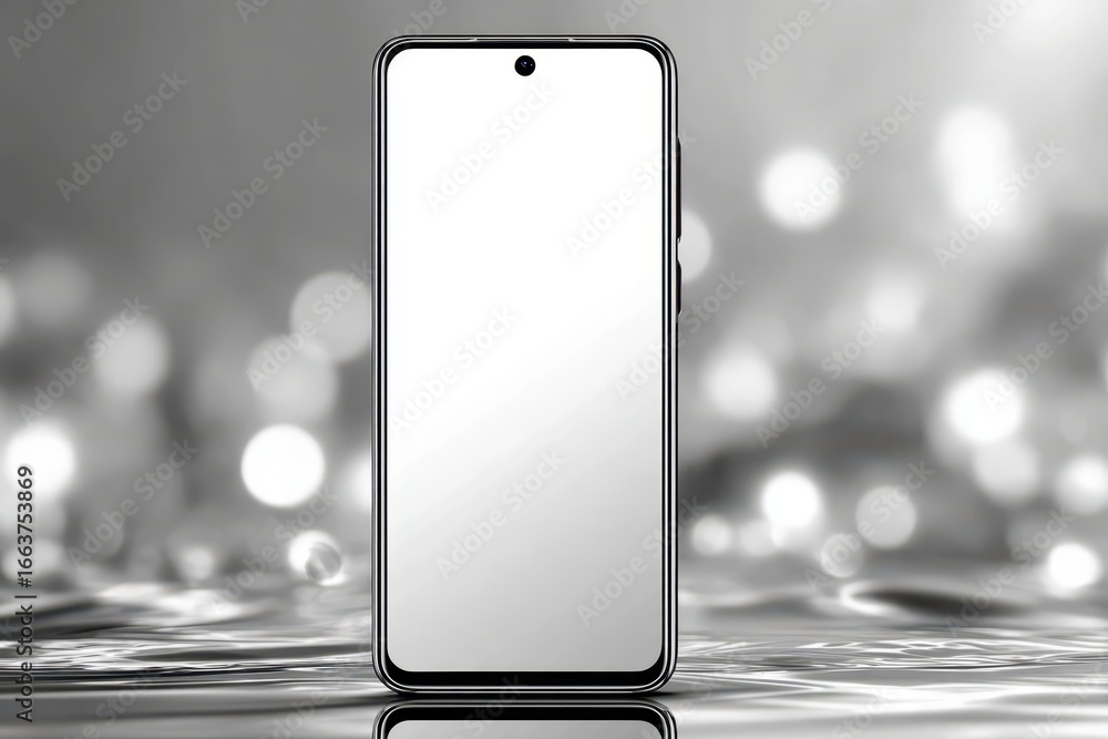 Poster Close-up of a modern smartphone with a blank white screen, set against a shiny silver background creating a sophisticated and elegant presentation.