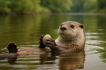 Eurasian otter floating on its back in a serene river, playfully holding a smooth stone between its paws, enjoying the tranquil summer day