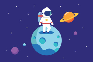 Naklejka premium An astronaut standing on a moon in space, with planets and stars surrounding, creating a sense of wonder and exploration in the cosmos
