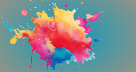 Vibrant watercolor paint splashes and splatters on a teal background