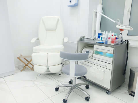 Podologist's office in a spa salon. Empty, equipped with modern tools, equipment, and cosmetics