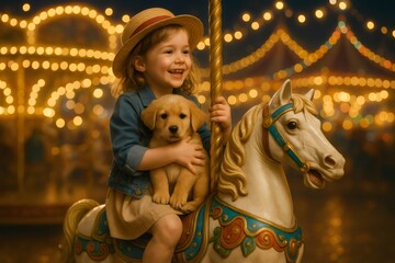 Fototapeta premium Joyful child with hat holding golden retriever puppy riding vintage carousel horse at night in amusement park with bokeh lights