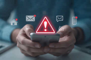 Smartphone user receives urgent warning alert notification on device screen close up