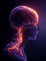 Stylized transparent head design revealing intricate brain details illuminated by vibrant electric currents against a dark background, showcasing the beauty of human anatomy and thought processes