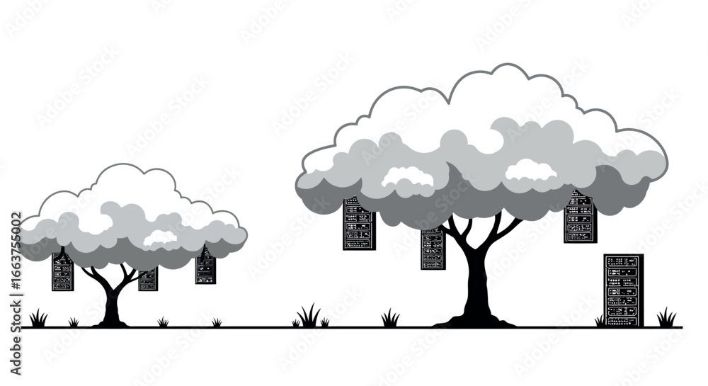 Poster cloud computing concept with servers hanging from trees in black and white silhouette