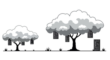 Cloud computing concept with servers hanging from trees in black and white silhouette