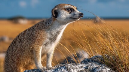 A meerkat stands alert on a rock in the african savanna, scanning its surroundings with a watchful gaze