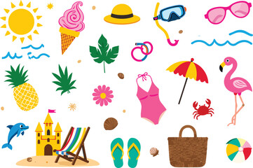 Colorful summer beach illustration with sun, umbrella, swimsuit, flamingo, sandcastle, ice cream, pineapple, picnic basket, and seashells