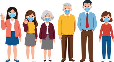 People wearing protective face masks, diverse family group illustration, pandemic safety, health protection, medical precaution, community care, prevention