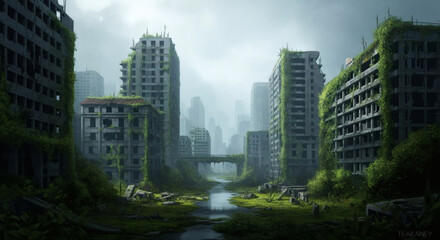 Fototapeta premium An abandoned overgrown city with nature reclaiming crumbling buildings, digital painting, moody atmosphere, post-apocalyptic