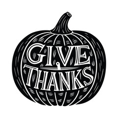 Black and white linocut style pumpkin with give thanks text