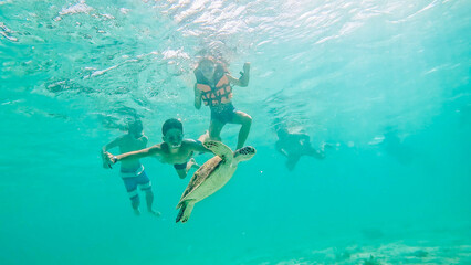 Children swimming with Sea turtle at Port Barton, Palawan, Philippines