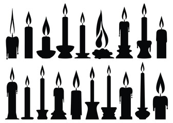 black candle silhouettes vector, burning candles clipart set, decorative wax flame illustration, spiritual light symbols collection
