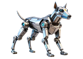 Sci-fi robot dog with blue glowing eyes and metallic body mechanical canine futuristic pet isolated on a transparent background