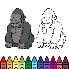 Cute cartoon gorilla coloring page featuring a smiling gorilla in both colored and black-and-white versions. Fun and educational activity for kids learning about animals.