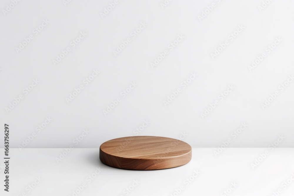Poster empty round wooden podium on a white background, perfect for displaying products in a minimalist and