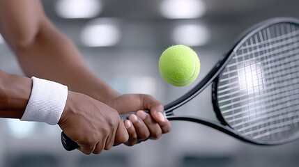 Muscular arms prepare to hit a tennis ball with a racket indoors
