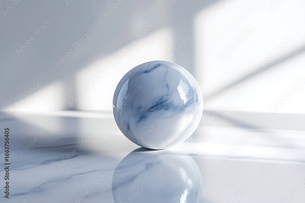 Poster minimalist depiction of a single marble sphere on a reflective surface, creating a serene and elegan