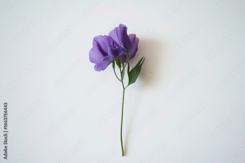 Poster minimalist depiction of a single sweet pea flower lying on a white background, creating a simple yet