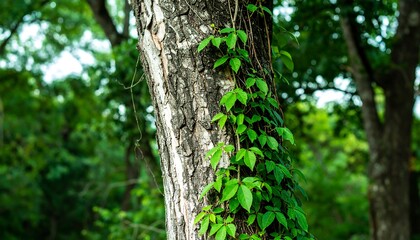 A close-up view of a tree trunk with vibrant green leaves and vines climbing its rough texture, showcasing a tranquil and lush forest setting.