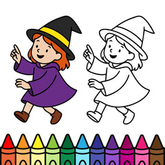 Cute little witch in a purple robe and black hat, happily pointing upward while walking. Halloween cartoon illustration for kids with both colored and black-and-white versions for coloring fun.