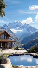 Luxury stone mountain villa with panoramic terrace overlooking snowy alpine peaks, with natural rock pool