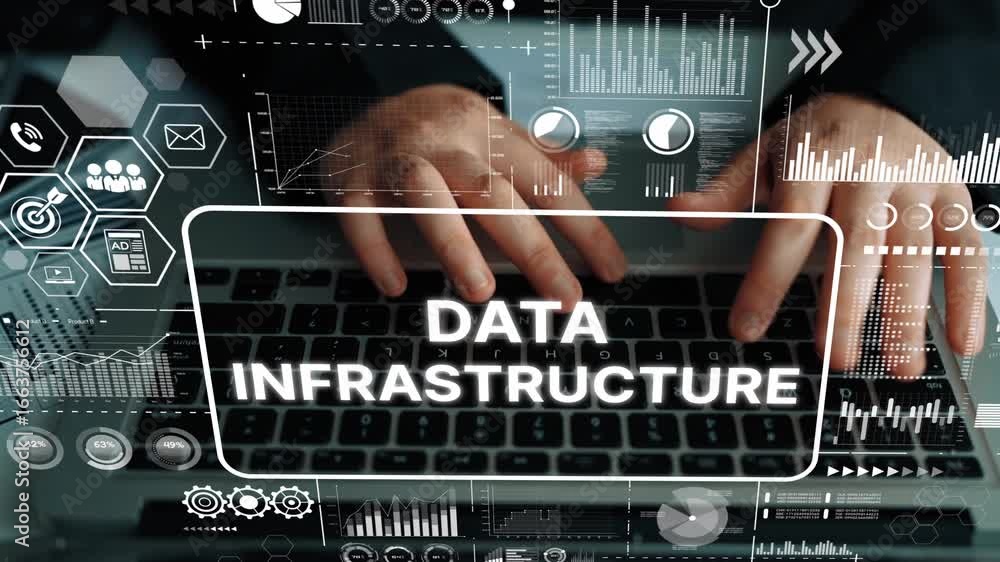 Poster professional hands typing on laptop with data infrastructure graphics and data analysis visuals in m