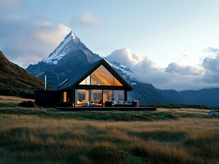 Modern wooden cabin with large glass windows stands in a golden mountain valley under snowy peak and cloudy sky