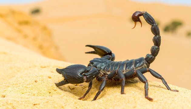 A detailed close-up view of a black scorpion on a sandy desert landscape.