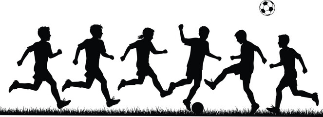 grass field, silhouette figures, kicking ball, running, teamwork, youth, outdoor activity, exercise, fun, energetic moment