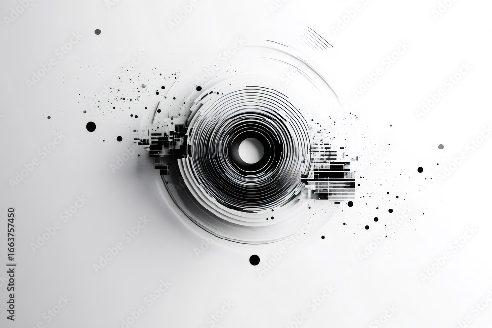 Poster modern minimalist design featuring an abstract representation of a circular shape exploding with dig
