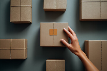 Hand reaching for a gift-wrapped package among multiple brown boxes on a flat surface